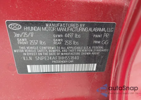 2017 Hyundai Sonata Se z USA, uszkodzony, nr VIN 5NPE24AF1HH551840